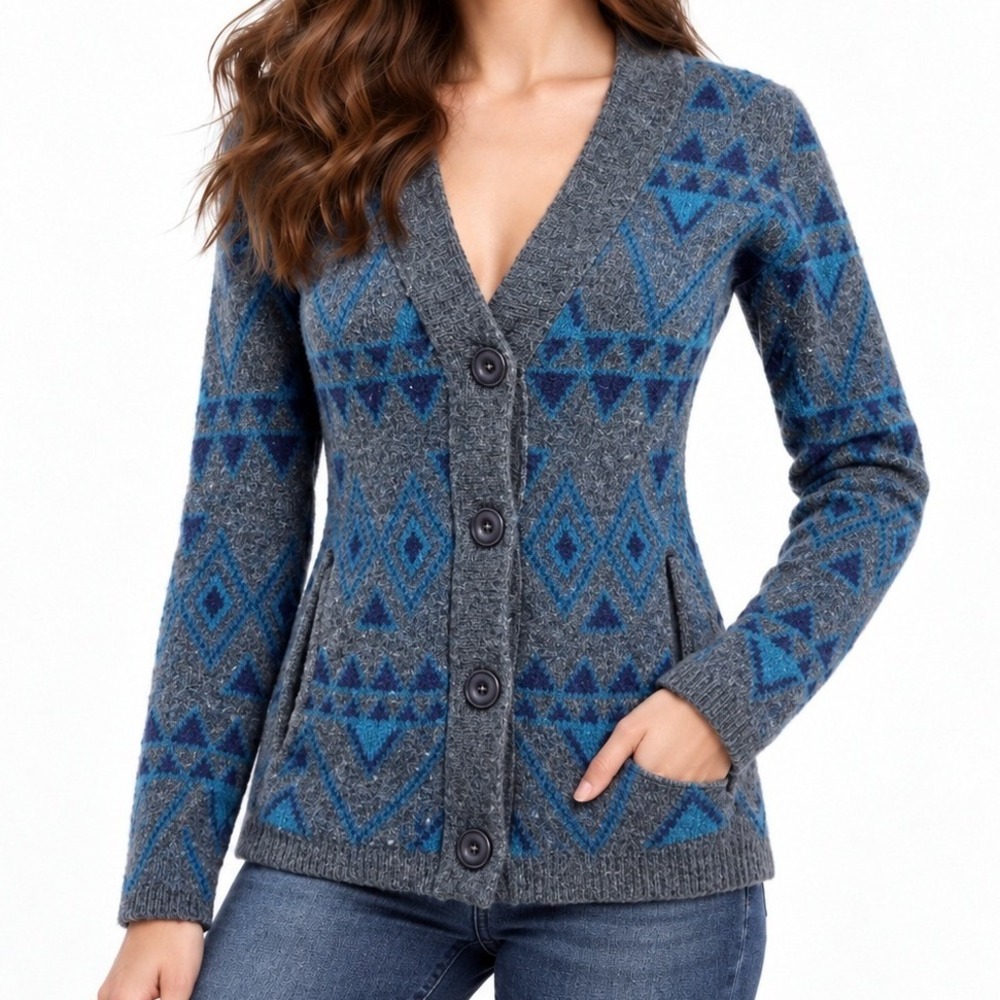 Toad&Co Women's Wool Cardigan Blue Gray Size S Geometric Button Front Sweater